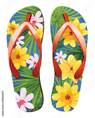 Floral Patterned Flip-flops - Yellow and Green
