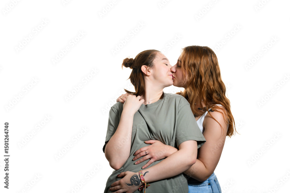 Happy lesbian couple on studio white background. Romantic young LGBTQ+ couple together. Happy lesbian couple on studio white background. Romantic young LGBTQ+ couple together.