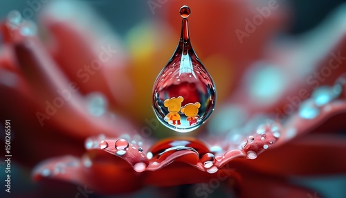 Water drops fall on a red flower during the day, revealing two small, beautiful dolls inside
