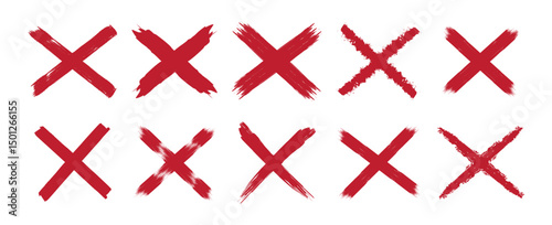 Red cross sign icon in brush set. Grunge red cross wrong symbol, red cross, x, reject, cancel cross mark.  vector illustration.