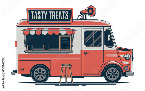 Retro Red Food Truck with Tasty Treats Sign and Megaphone