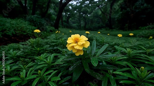 RainKissed Yellow Flower in Lush Green Forest.