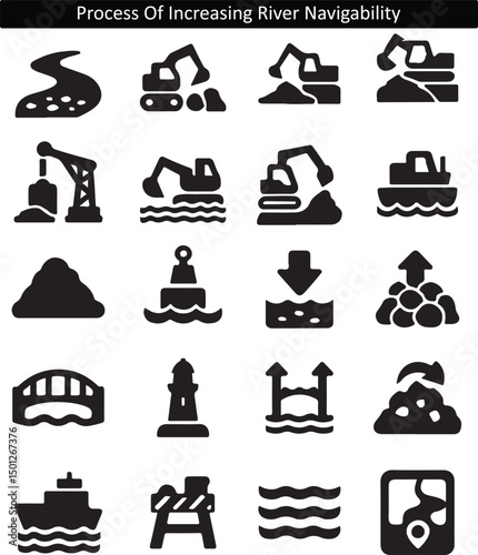 River Dredging Icons: Process of Enhancing River Navigability