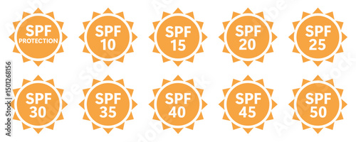 Sun protection icon set illustrating SPF 10+ to 50+ creams, lotion, oil, sprays. Skincare and ultraviolet ray safety symbols for beach health and summer care. Vector SPF levels icons