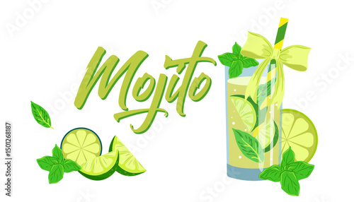 Mojito cocktail vector illustration featuring a glass with mint leaves, a straw, and handwritten 'Mojito' lettering. Isolated on a white background.