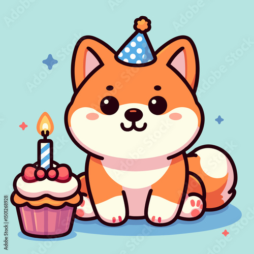 cute chibi style Akita Inu sits in party hat and cupcake with candle, colored vector art, pet birthday