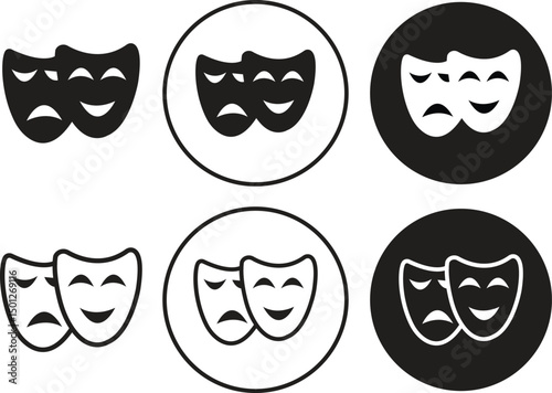 Comedy and tragedy mask for theatre performing arts Icons set, Happy and sad face masks flat and line vector illustration.
