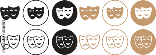 Comedy and tragedy mask for theatre performing arts Icons set, Happy and sad face masks flat and line vector illustration.
