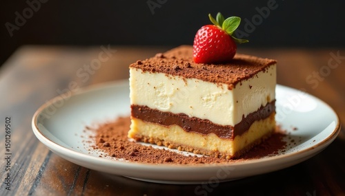 A single serving of tiramisu, dusted with cocoa powder , pastry, creamy