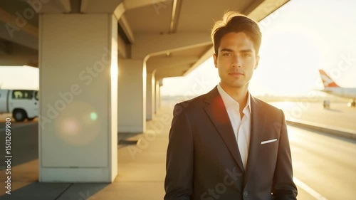 Wallpaper Mural Confident Businessman Walking Through Airport Terminal at Golden Hour for Corporate Videos, Travel Industry Marketing, and Professional Success Stories Torontodigital.ca