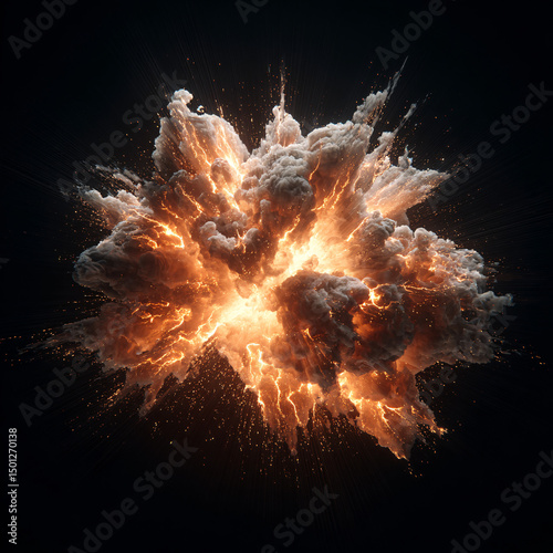 high detail digital rendering of fiery explosion with smoke and debris powerful mid blast energy burst in orange gray tones against dark background showing force and destruction photo