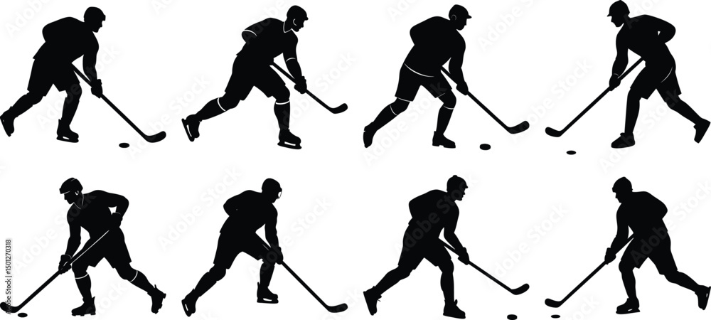 Obraz premium Hockey playing silhouette set. Collection of hockey sports vector on transparent background 