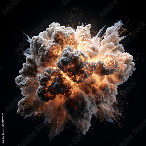 high detail digital rendering of fiery explosion with smoke and debris powerful mid blast energy burst in orange gray tones against dark background showing force and destruction photo