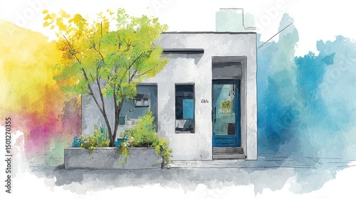 Watercolor Cafe Cozy Shopfront with Blooming Tree and Colorful Sky.