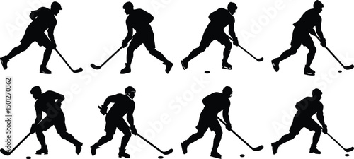 Hockey playing silhouette set. Collection of hockey sports vector on transparent background

