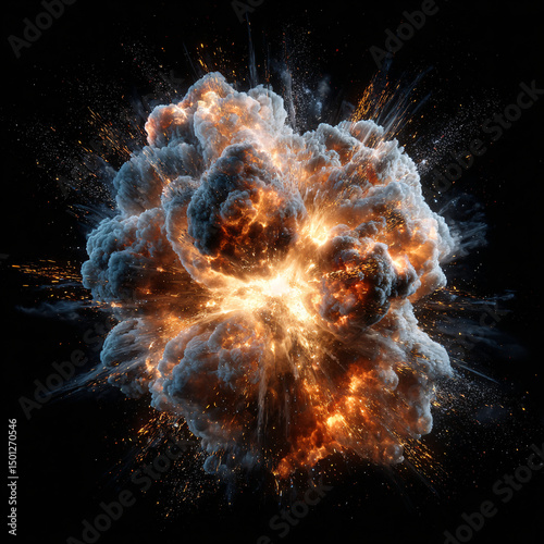 high detail digital rendering of fiery explosion with smoke and debris powerful mid blast energy burst in orange gray tones against dark background showing force and destruction photo