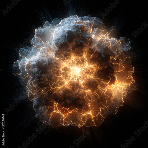 high detail digital rendering of fiery explosion with smoke and debris powerful mid blast energy burst in orange gray tones against dark background showing force and destruction photo