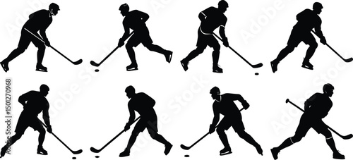 Hockey playing silhouette set. Collection of hockey sports vector on transparent background

