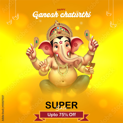 Festival Offer Design Featuring Lord Ganesha and Discount Ribbon Happy Ganesh Chaturthi Golden Poster for Sale Ads Web Banners Social Media and Retail Marketing