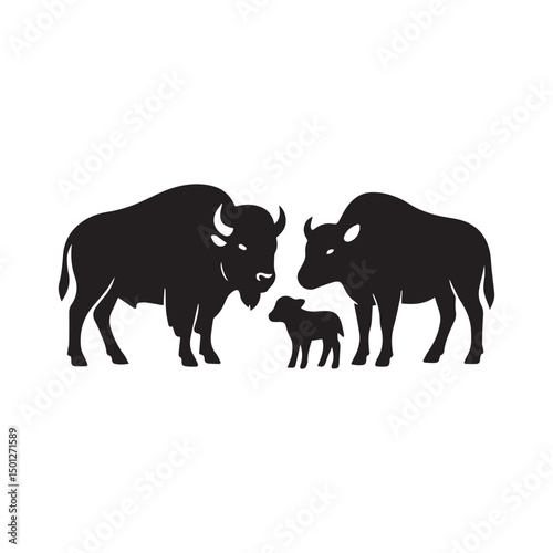 Bison Family Silhouette: A striking silhouette of a bison family—two adults and a calf—against a white background.  The image portrays strength, family, and the beauty of wildlife. 