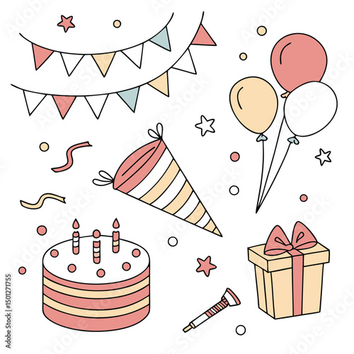 Sweet vector illustration set for a fun birthday celebration with cake, balloons, and gifts, perfect for cards and party decorations
