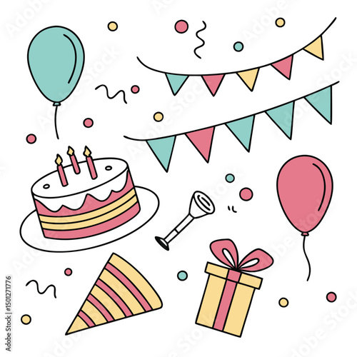 Festive birthday celebration set with balloons, cake, and gift illustrations