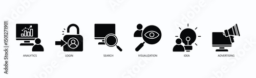 Data And Discovery Icon Set Isolated Vector With Icon Of Analytics, Login, Search, Visualization, Idea, Advertising In Glyph Style
