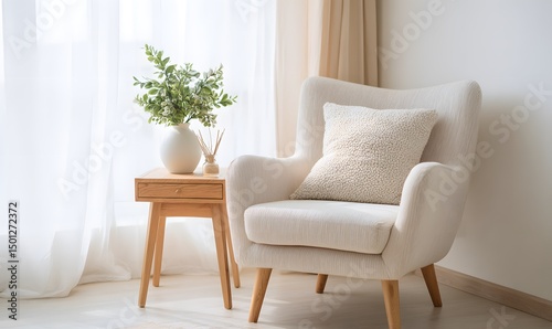 Modern living room corner with plush armchair and wooden side table, Generative AI