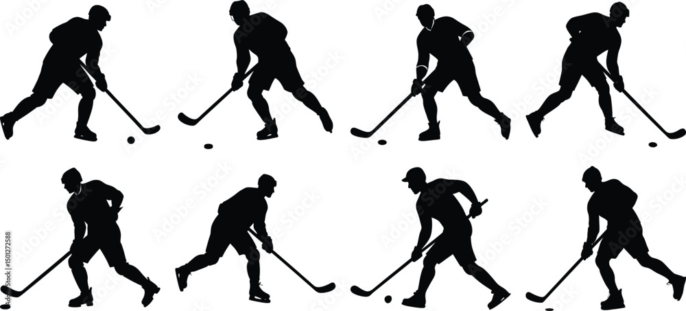Obraz premium Hockey playing silhouette set. Collection of hockey sports vector on transparent background 