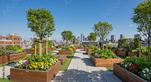 Expansive rooftop garden with city skyline view for urban green space design, blogs, and sustainable living
