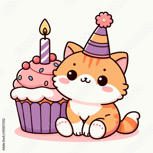 Chibi kitty in party hat with cupcake vector illustration, pet birthday