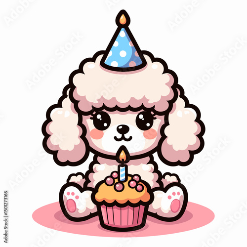 Chibi poodle in party hat with cupcake and candle vector illustration, pet birthday