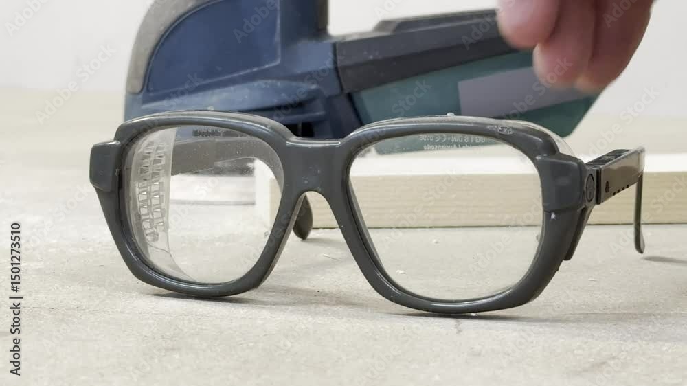 Close-up of protective safety goggles.  Detailed view of transparent lenses and durable frame.