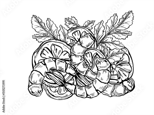 Monochrome boiled shrimp on lemon slices with parsley vector illustration painted by black inks. Seafood and citrus, herbs graphic sketch for menus, gourmet packaging, and culinary branding