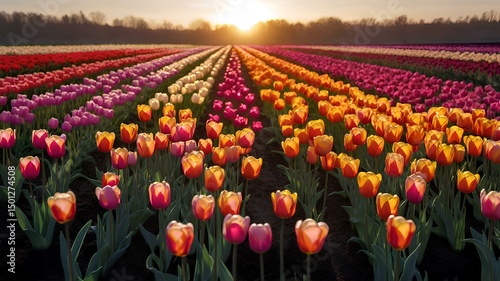 Blooming fields of colorful tulips in spring, showcasing nature's vibrant beauty.