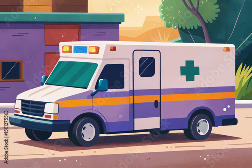 Emergency car, ambulance medical service vehicle vector Illustration in street