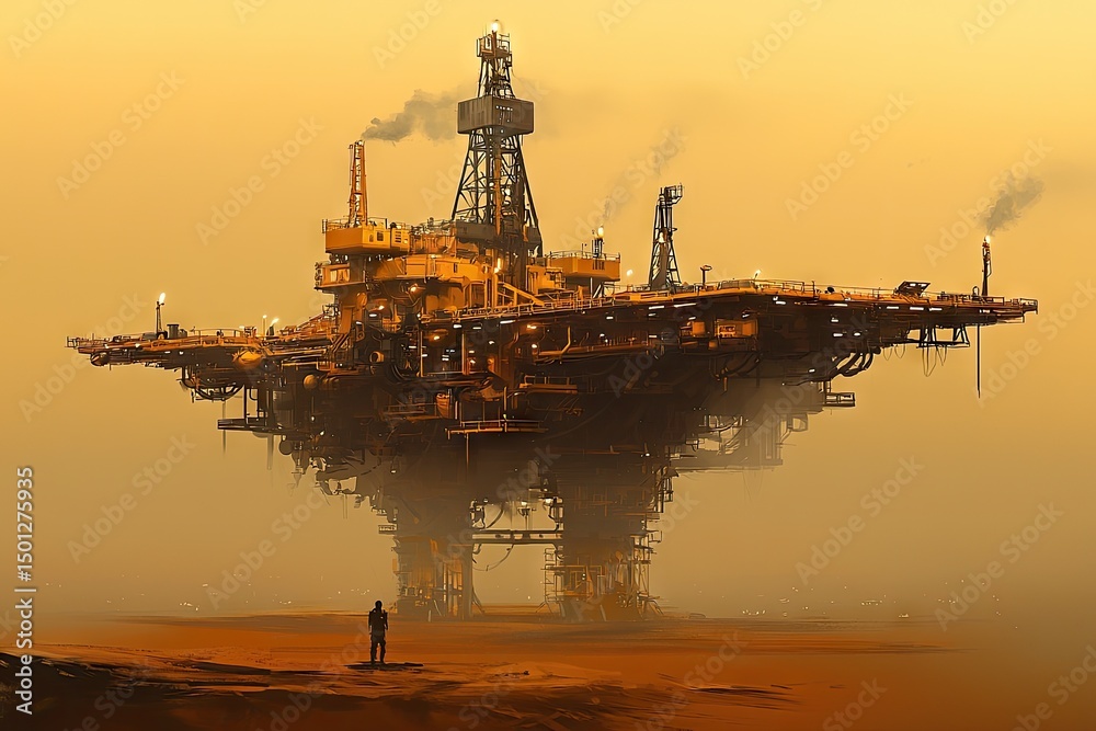 Fototapeta premium Floating, industrial platform in a desolate, dusty landscape.