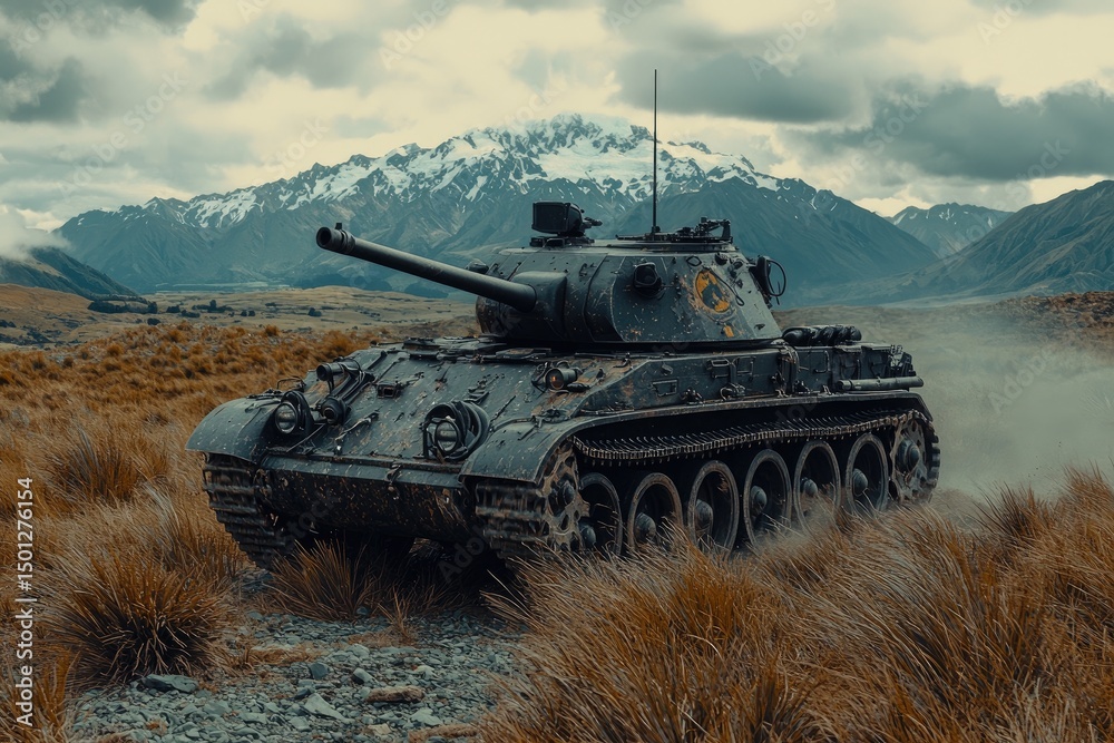 Fototapeta premium Military tank traversing a mountainous terrain.