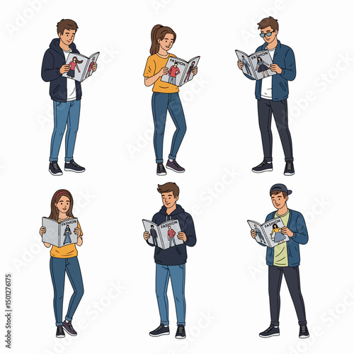 People reading fashion magazines, casual styles, flat style
