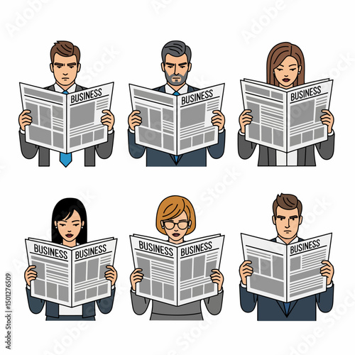 People reading business newspaper flat outline style