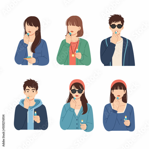 People applying lip balm, diverse group