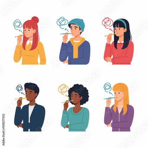 People pondering with pencil in mouth concept