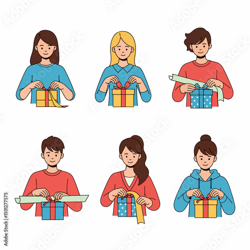 People wrapping gifts for holidays celebration