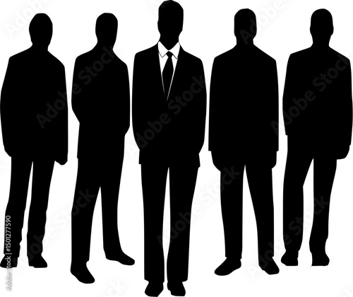 Black Silhouette of Five Business People Standing Together in Formal Suits on White Background