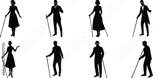 Blind man and women walking silhouette vector illustration set