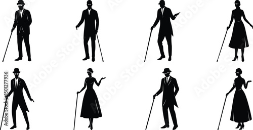 Blind man and women walking silhouette vector illustration set