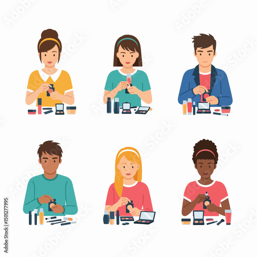 People applying beauty makeup with accessories