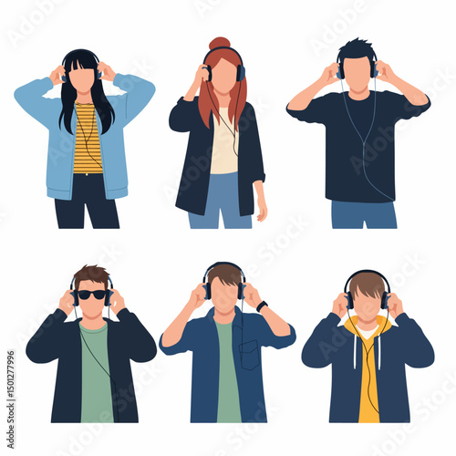 People listening music with headphones set