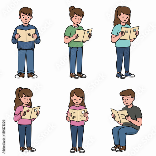 People reading brochures looking concerned or thoughtful