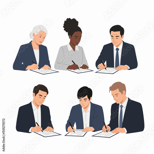 Diverse group signing business documents agreement concept